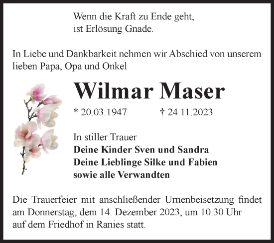 Traueranzeige von Wilmar Maser von Volksstimme Schönebeck