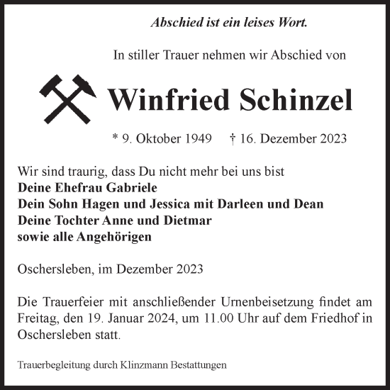 Traueranzeige von Winfried Schinzel von Volksstimme Oschersleben/Wanzleben