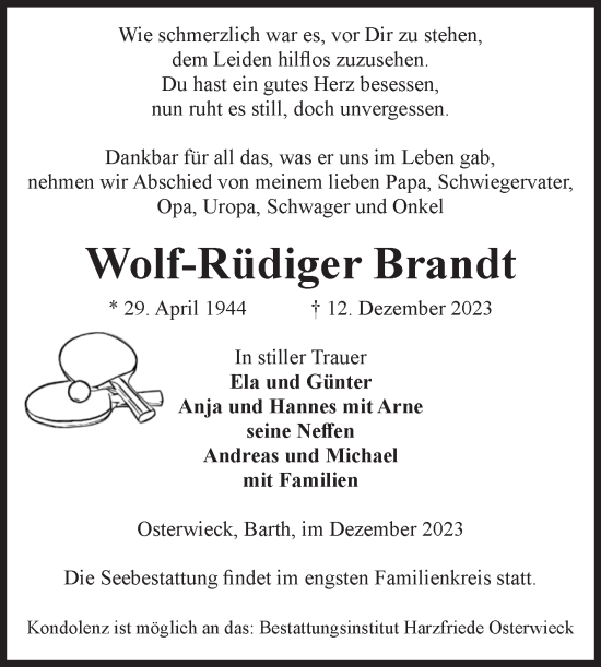 Traueranzeige von Wolf-Rüdiger Brandt von Volksstimme Halberstadt