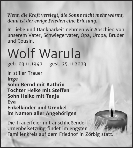 Traueranzeige von Wolf Warula von Trauerkombi Bitterfeld