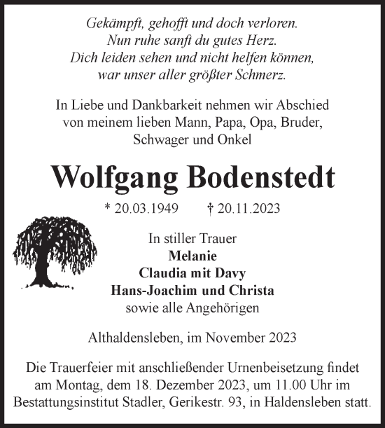 Traueranzeige von Wolfgang Bodenstedt von Volksstimme Haldensleben/Wolmirstedt