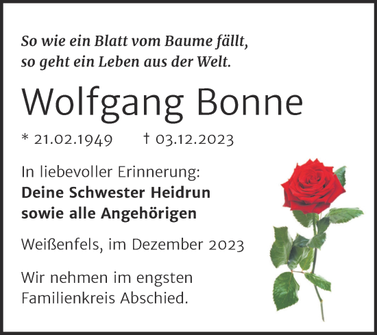 Traueranzeige von Wolfgang Bonne von Trauerkombi Weißenfels