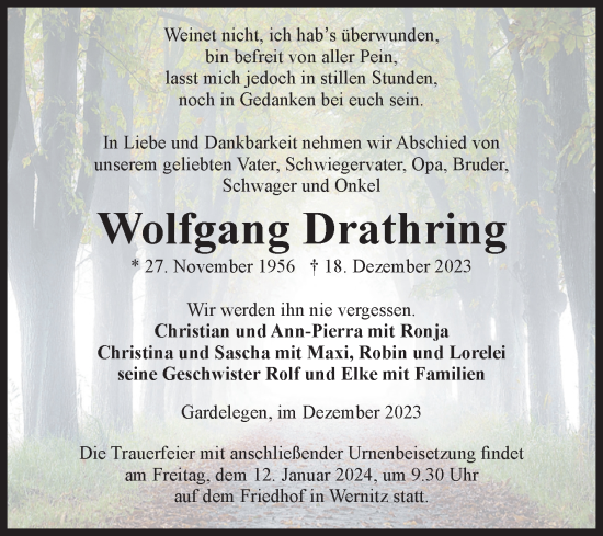 Traueranzeige von Wolfgang Drathring von Volksstimme Altmark West