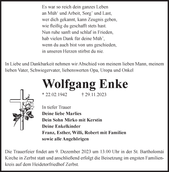 Traueranzeige von Wolfgang Enke von Volksstimme Zerbst