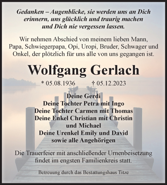 Traueranzeige von Wolfgang Gerlach von Volksstimme Burg/Genthin