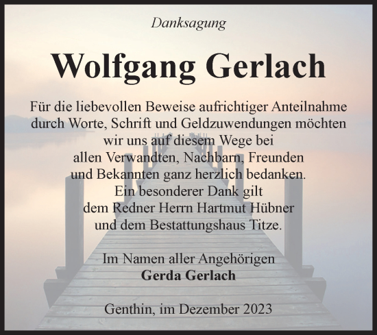 Traueranzeige von Wolfgang Gerlach von Volksstimme Burg/Genthin