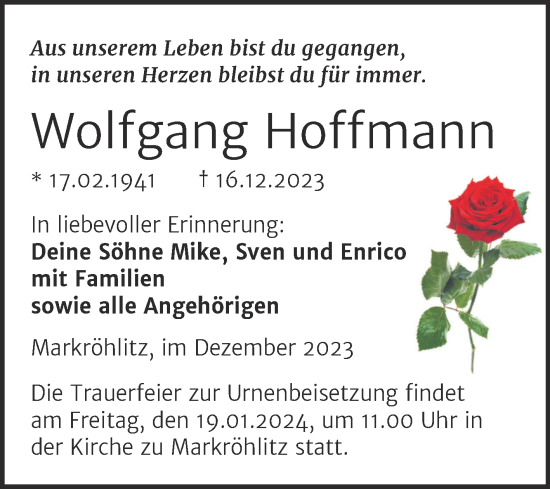 Traueranzeige von Wolfgang Hoffmann von Trauerkombi Weißenfels