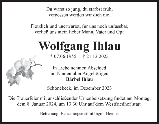 Traueranzeige von Wolfgang Ihlau von Volksstimme Schönebeck