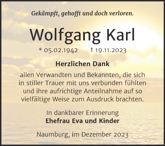 Traueranzeige von Wolfgang Karl von Wochenspiegel Naumburg/Nebra