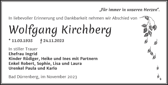 Traueranzeige von Wolfgang Kirchberg von Trauerkombi Merseburg