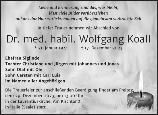 Traueranzeige von Wolfgang Koall von Mitteldeutsche Zeitung Halle/Saalkreis