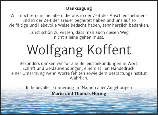 Traueranzeige von Wolfgang Koffent von Trauerkombi Mansfelder Land