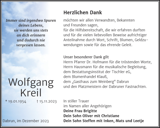 Traueranzeige von Wolfgang Kreil von Trauerkombi Wittenberg