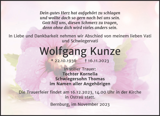Traueranzeige von Wolfgang Kunze von Mitteldeutsche Zeitung Halle/Saalkreis