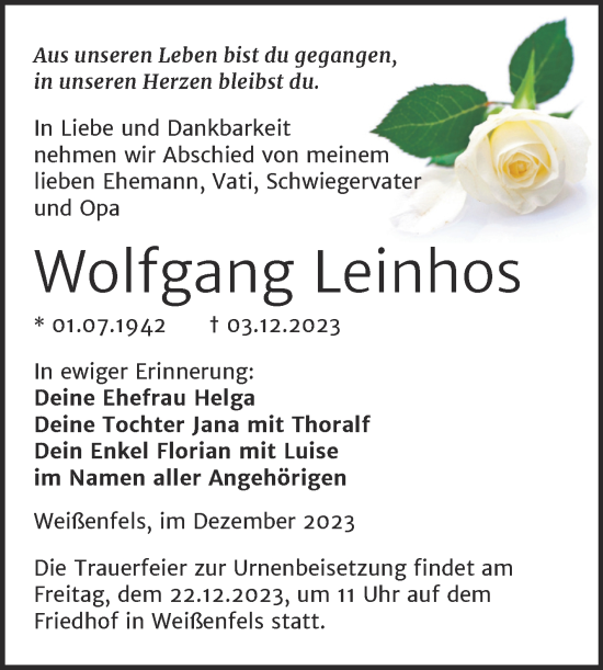 Traueranzeige von Wolfgang Leinhos von Trauerkombi Weißenfels