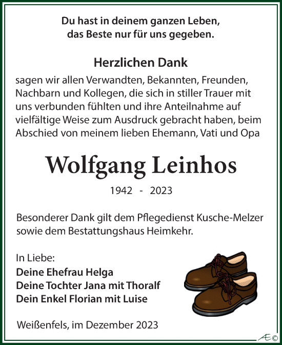 Traueranzeige von Wolfgang Leinhos von Trauerkombi Weißenfels