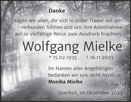 Traueranzeige von Wolfgang Mielke von Trauerkombi Merseburg