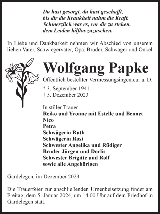Traueranzeige von Wolfgang Papke von Volksstimme Altmark West