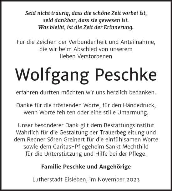 Traueranzeige von Wolfgang Peschke von Trauerkombi Mansfelder Land