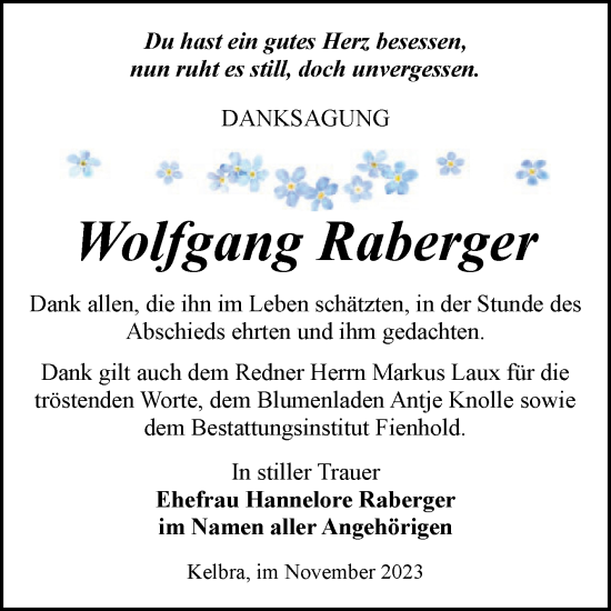 Traueranzeige von Wolfgang Raberger von Trauerkombi Sangerhausen