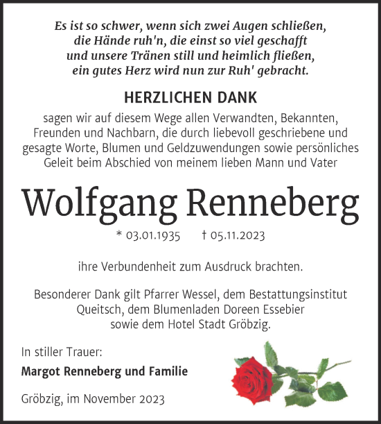 Traueranzeige von Wolfgang Renneberg von Trauerkombi Köthen