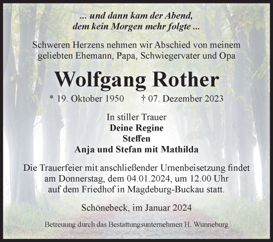 Traueranzeige von Wolfgang Rother von Volksstimme Magdeburg