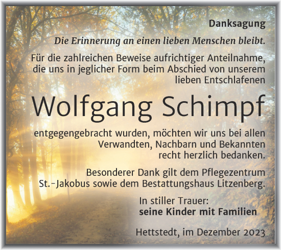 Traueranzeige von Wolfgang Schimpf von Trauerkombi Mansfelder Land