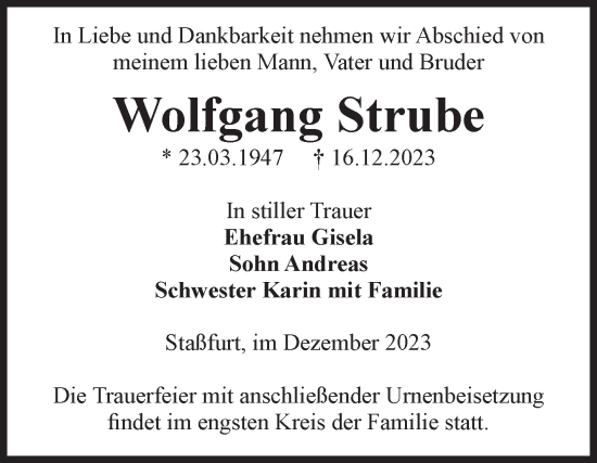 Traueranzeige von Wolfgang Strube von Volksstimme Staßfurt