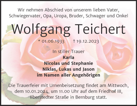 Traueranzeige von Wolfgang Teichert von Trauerkombi Bernburg