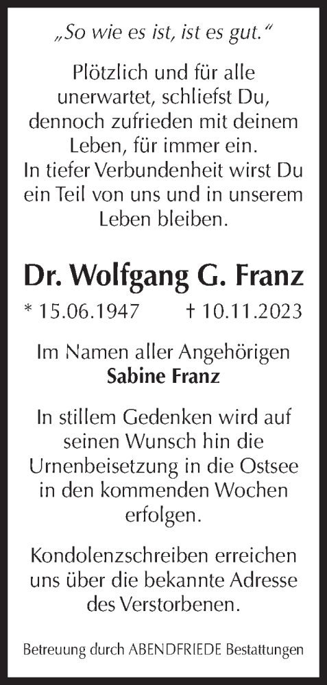 Traueranzeige von Wolfgang G. Franz von Volksstimme Magdeburg