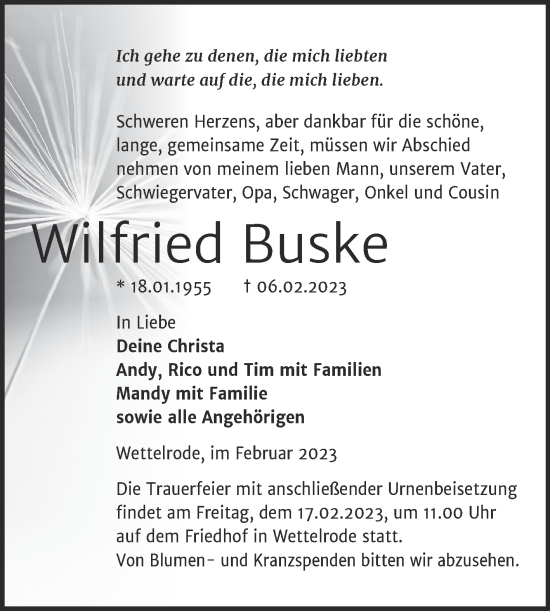 Traueranzeige von Wilfried Buske von Trauerkombi Sangerhausen