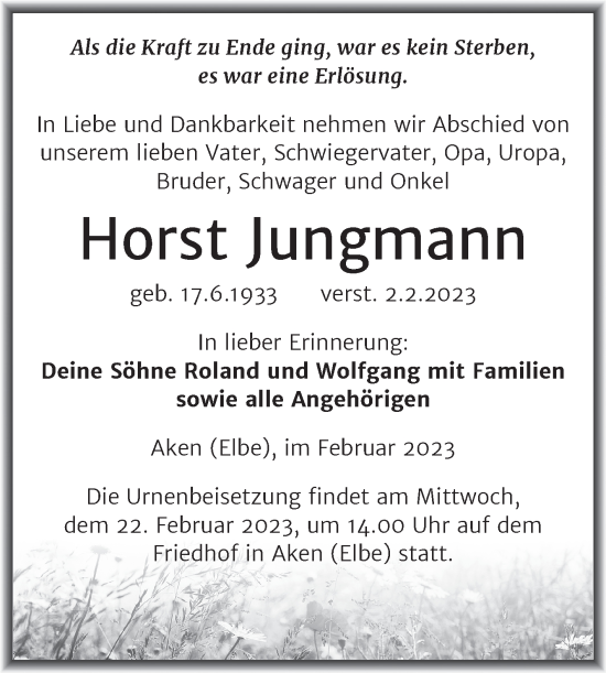 Traueranzeige von Horst Jungmann von Trauerkombi Köthen