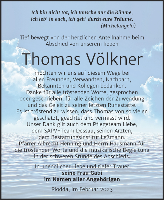 Traueranzeige von Thomas Völkner von Trauerkombi Bitterfeld