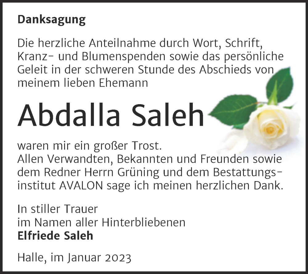  Traueranzeige für Abdalla Saleh vom 04.02.2023 aus Mitteldeutsche Zeitung Halle/Saalkreis