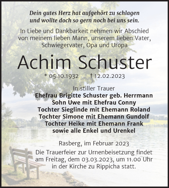 Traueranzeige von Achim Schuster von Trauerkombi Zeitz