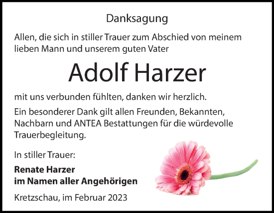Traueranzeige von Adolf Harzer von Trauerkombi Zeitz
