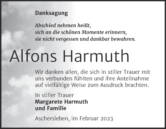 Traueranzeige von Alfons Harmuth von Trauerkombi Aschersleben