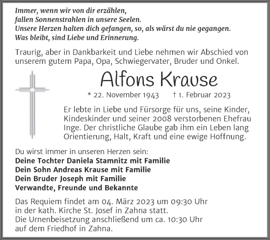 Traueranzeige von Alfons Krause von Trauerkombi Wittenberg