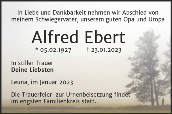 Traueranzeige von Alfred Ebert von Trauerkombi Merseburg