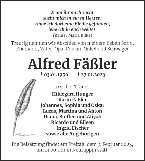 Traueranzeige von Alfred Fäßler von Mitteldeutsche Zeitung Zeitz