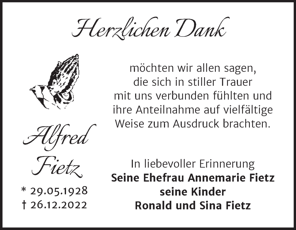  Traueranzeige für Alfred Fietz vom 11.02.2023 aus Trauerkombi Aschersleben