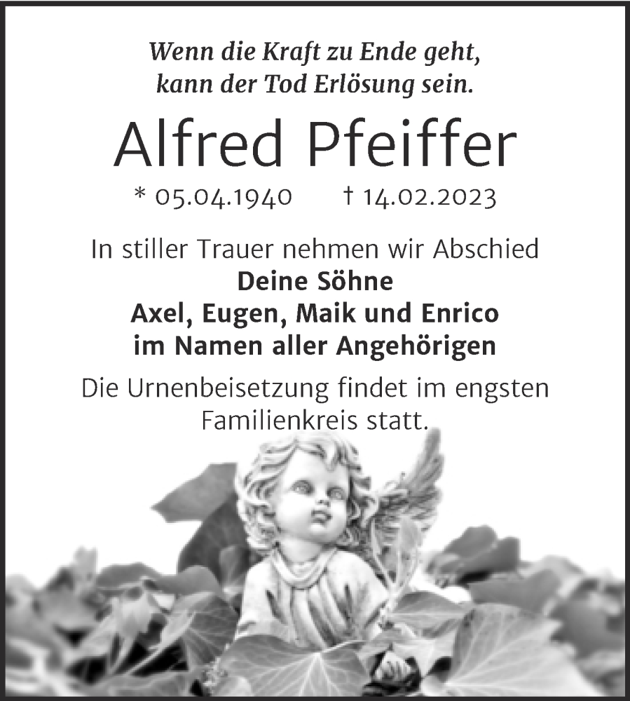  Traueranzeige für Alfred Pfeiffer vom 18.02.2023 aus Trauerkombi Bitterfeld