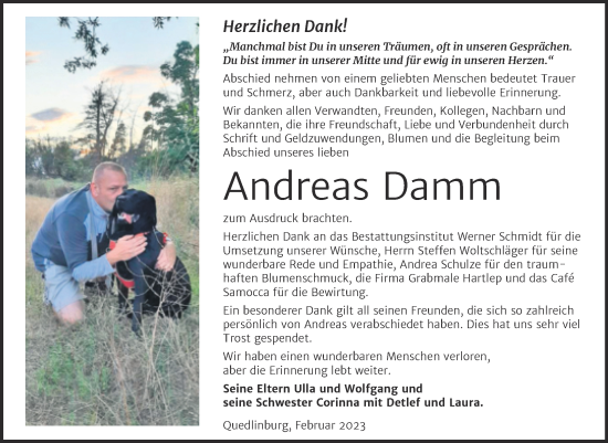 Traueranzeige von Andreas Damm von Trauerkombi Quedlinburg