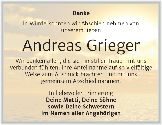 Traueranzeige von Andreas Grieger von Trauerkombi Merseburg