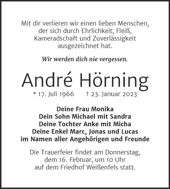 Traueranzeige von André Hörning von Trauerkombi Weißenfels