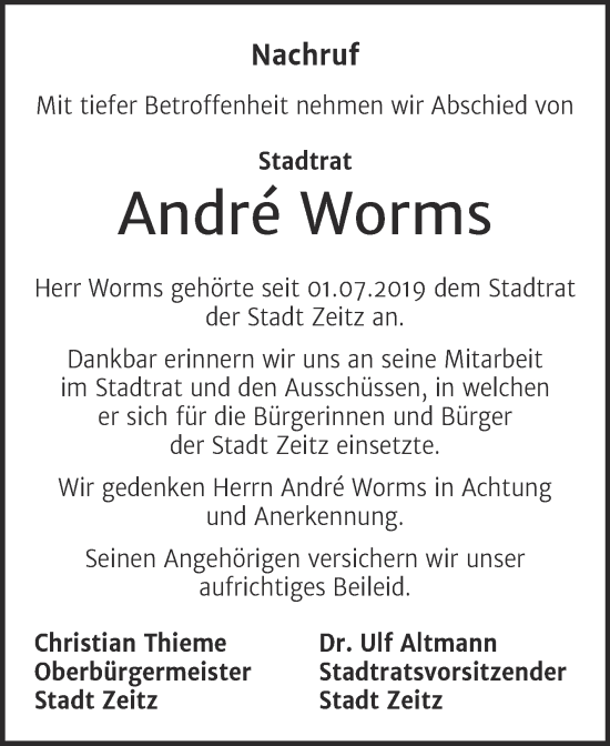 Traueranzeige von André Worms von Mitteldeutsche Zeitung Zeitz