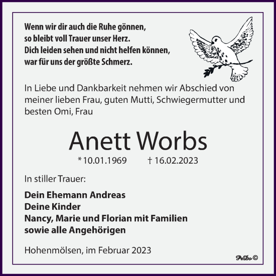 Traueranzeige von Anett Worbs von Trauerkombi Weißenfels