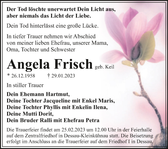 Traueranzeige von Angela Frisch von Trauerkombi Dessau