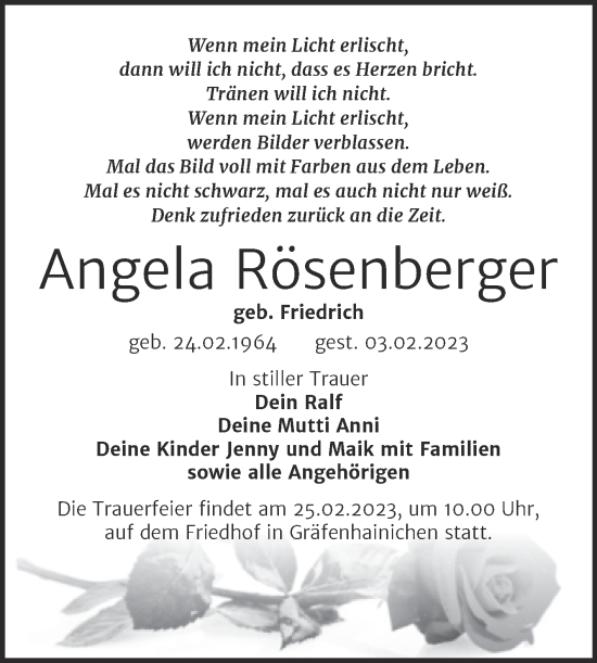 Traueranzeige von Angela Rösenberger von Trauerkombi Wittenberg