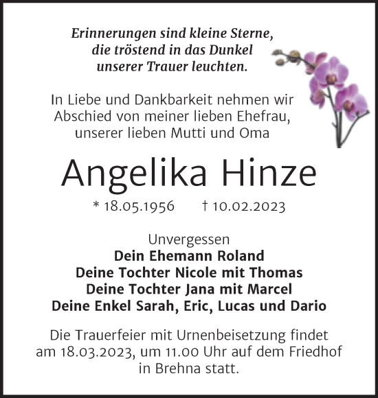 Traueranzeige von Angelika Hinze von Trauerkombi Bitterfeld